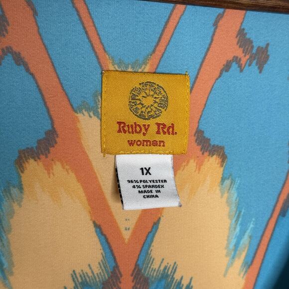 Ruby Rd Dress Womens 1X Blue Orange Sleeveless Maxi Jewel Neck Aztec Boho Print - Picture 3 of 6